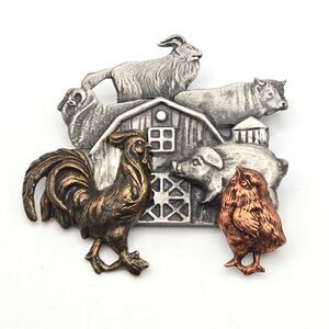Luca Razza Farm Animal Barn Brooch Mixed Metal Vintage 70s Rooster Pig Cow Goat